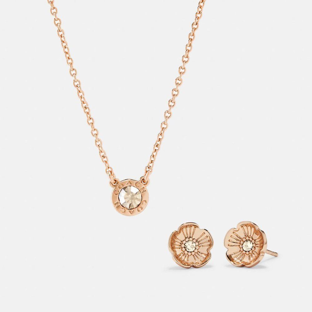 NWT COACH Rose Gold Open Circle Logo Pendant Necklace & Tea Rose Studs Set